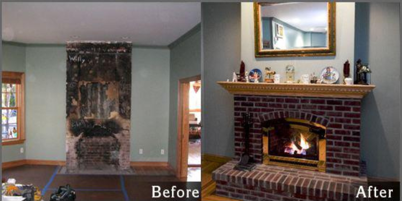 Fireplace and chimney before and after transformation